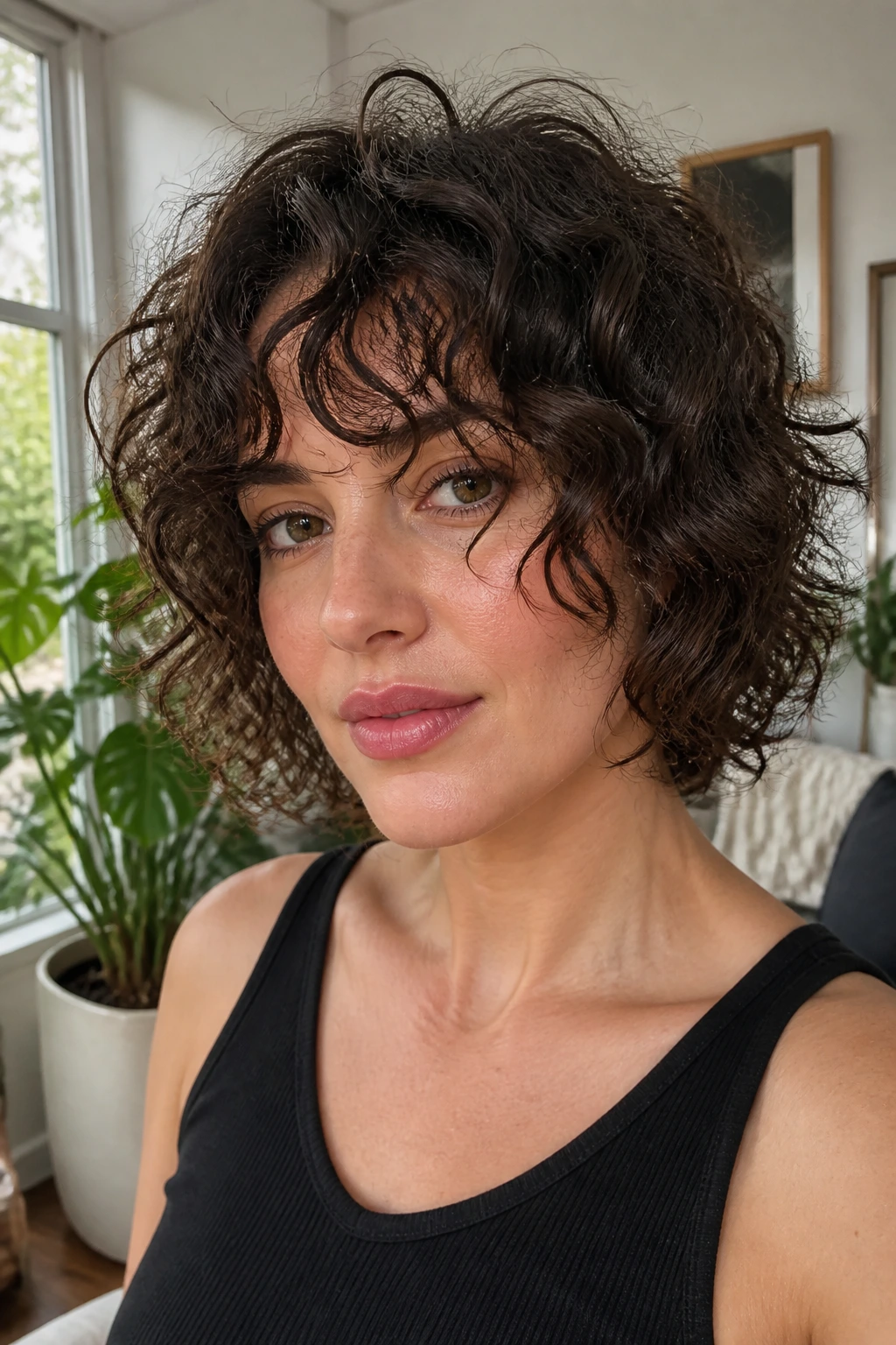 Real woman with front-framing curls starting at the forehead