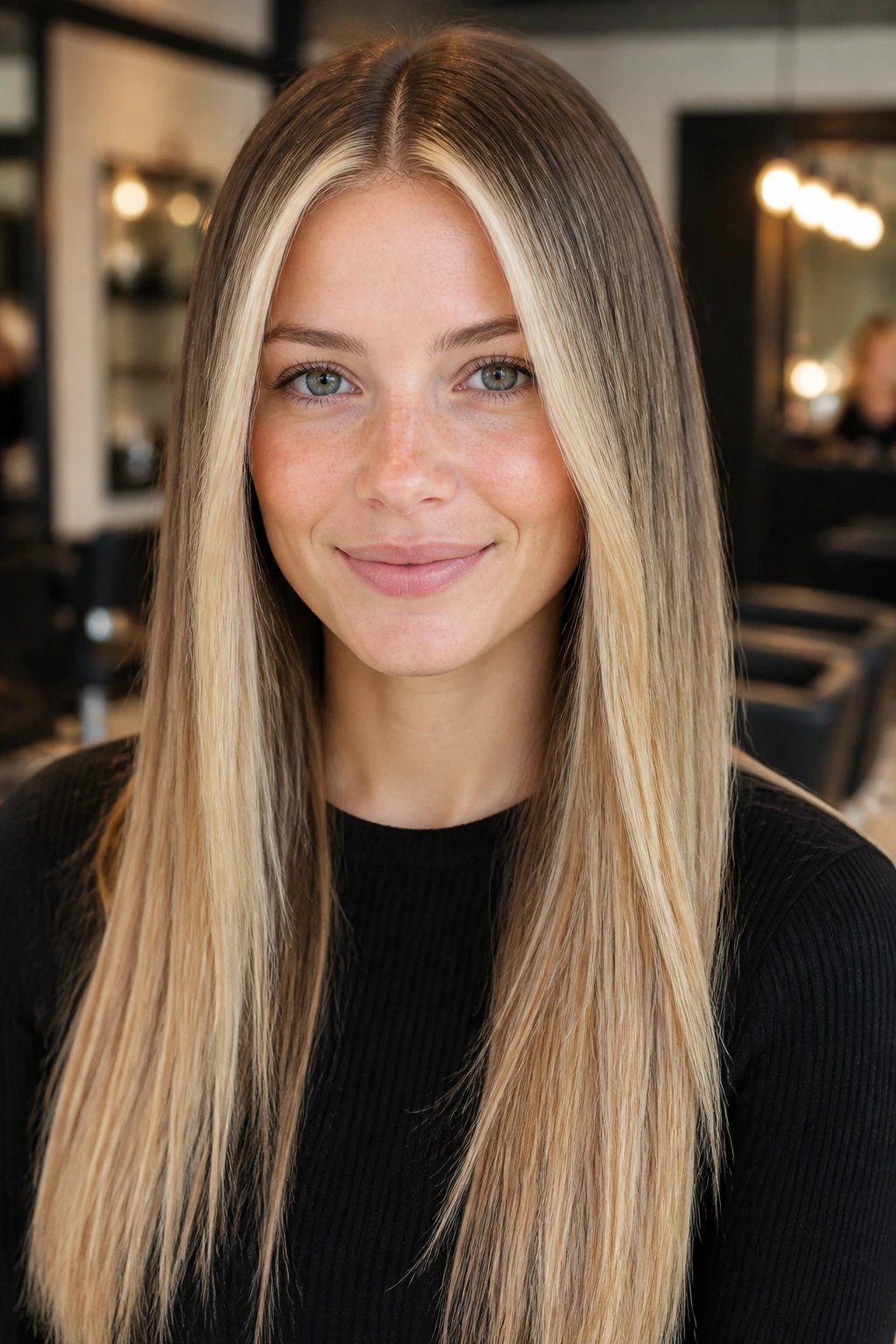 Close-up of a real woman with long straight hair and bright face-framing foils