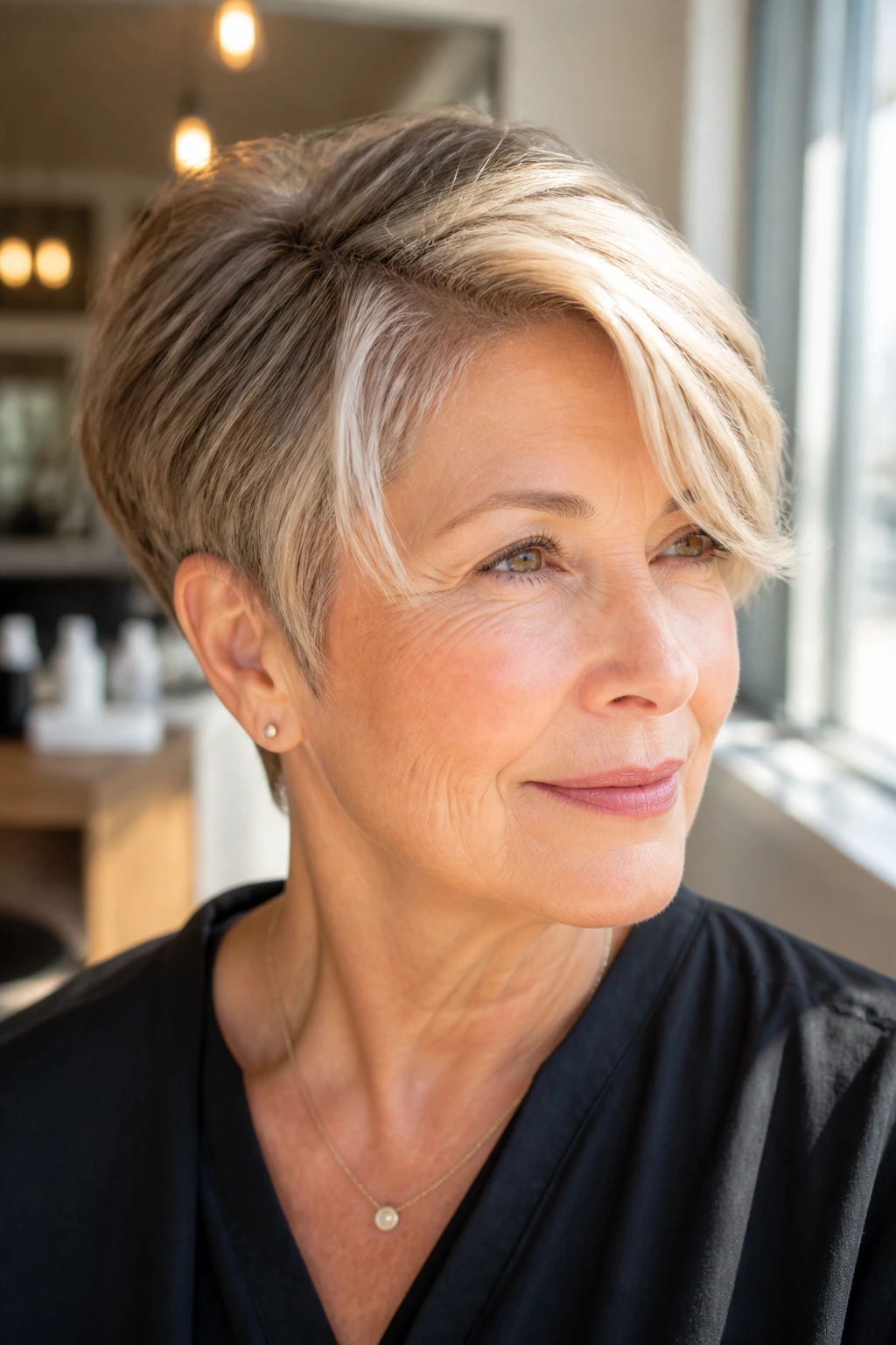 Side-swept pixie with sunlit face-framing foils in champagne tones