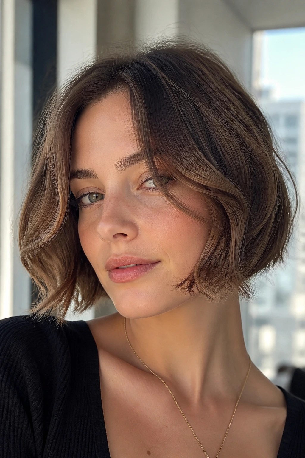 Portrait of a woman with a face-framing French bob and soft front pieces