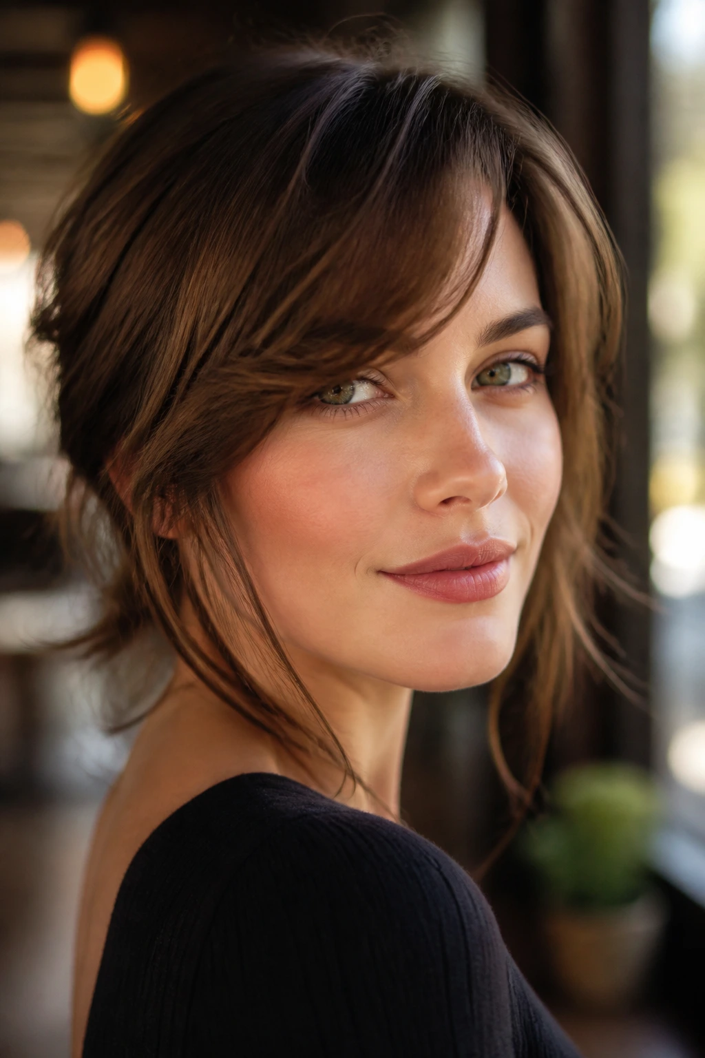 Close-up portrait of a real woman with a flattering wispy side bang at the temple
