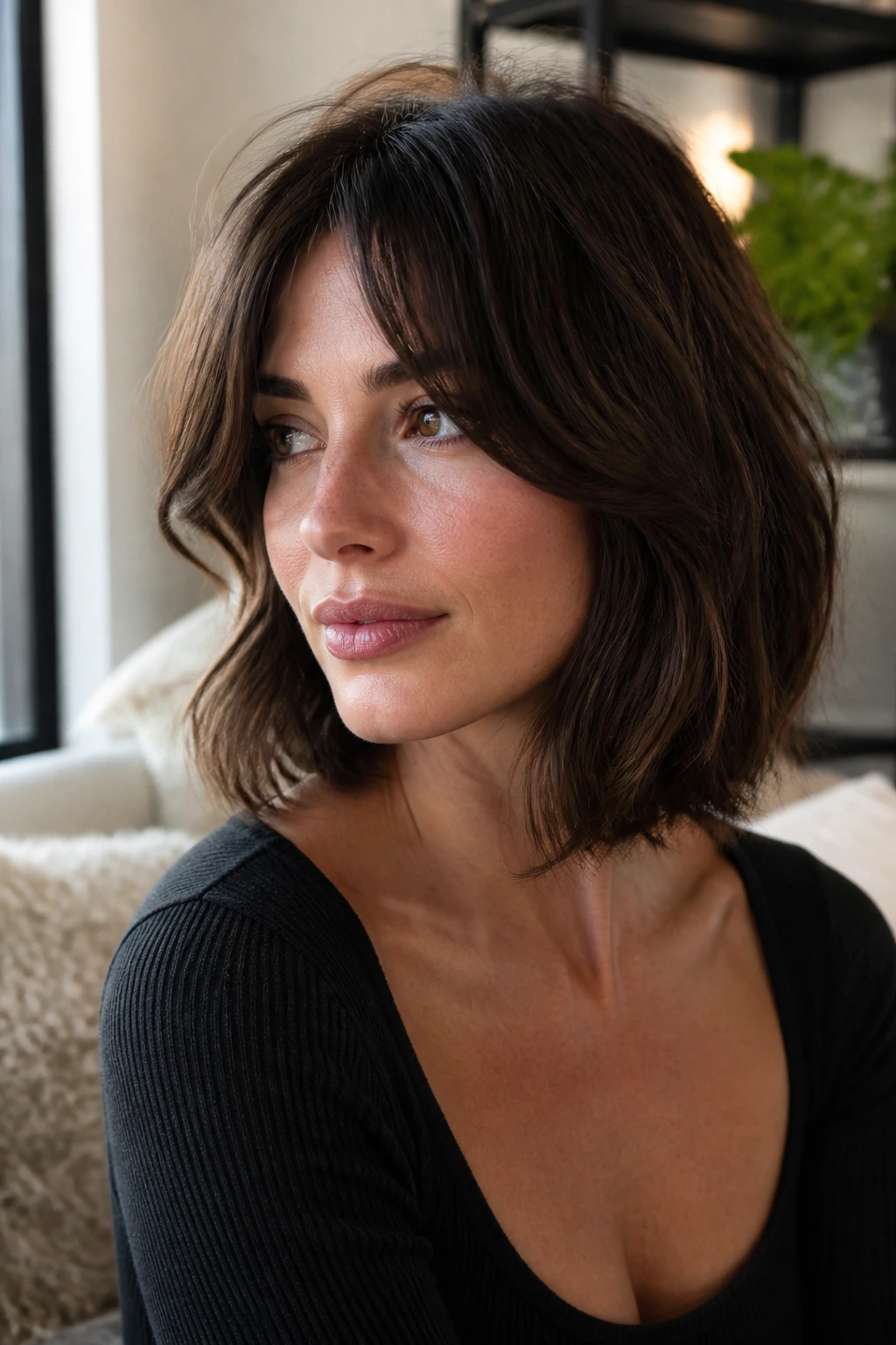 Brunette with long face-framing fringe bob in soft window light.