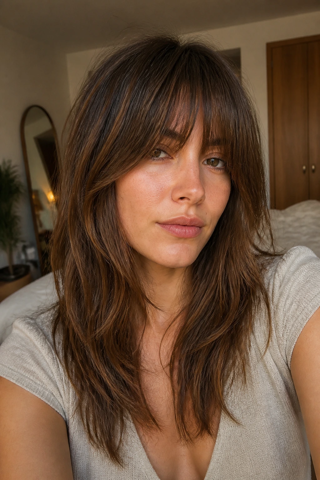 Close-up portrait of a woman with a thick, grown-out fringe framing her face.