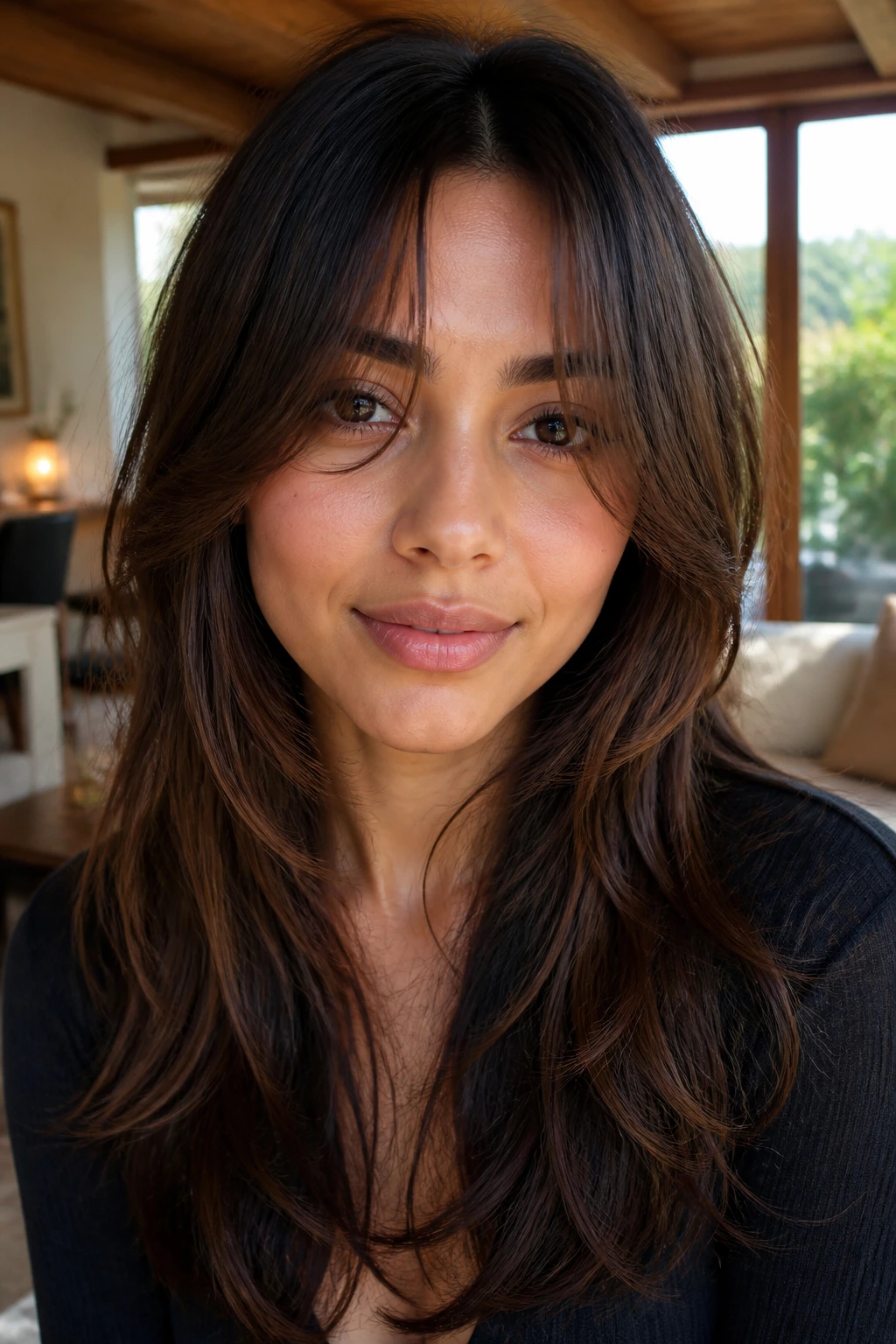 Close-up portrait of a real woman showing face-framing fringe with cheek-length layers in warm window light