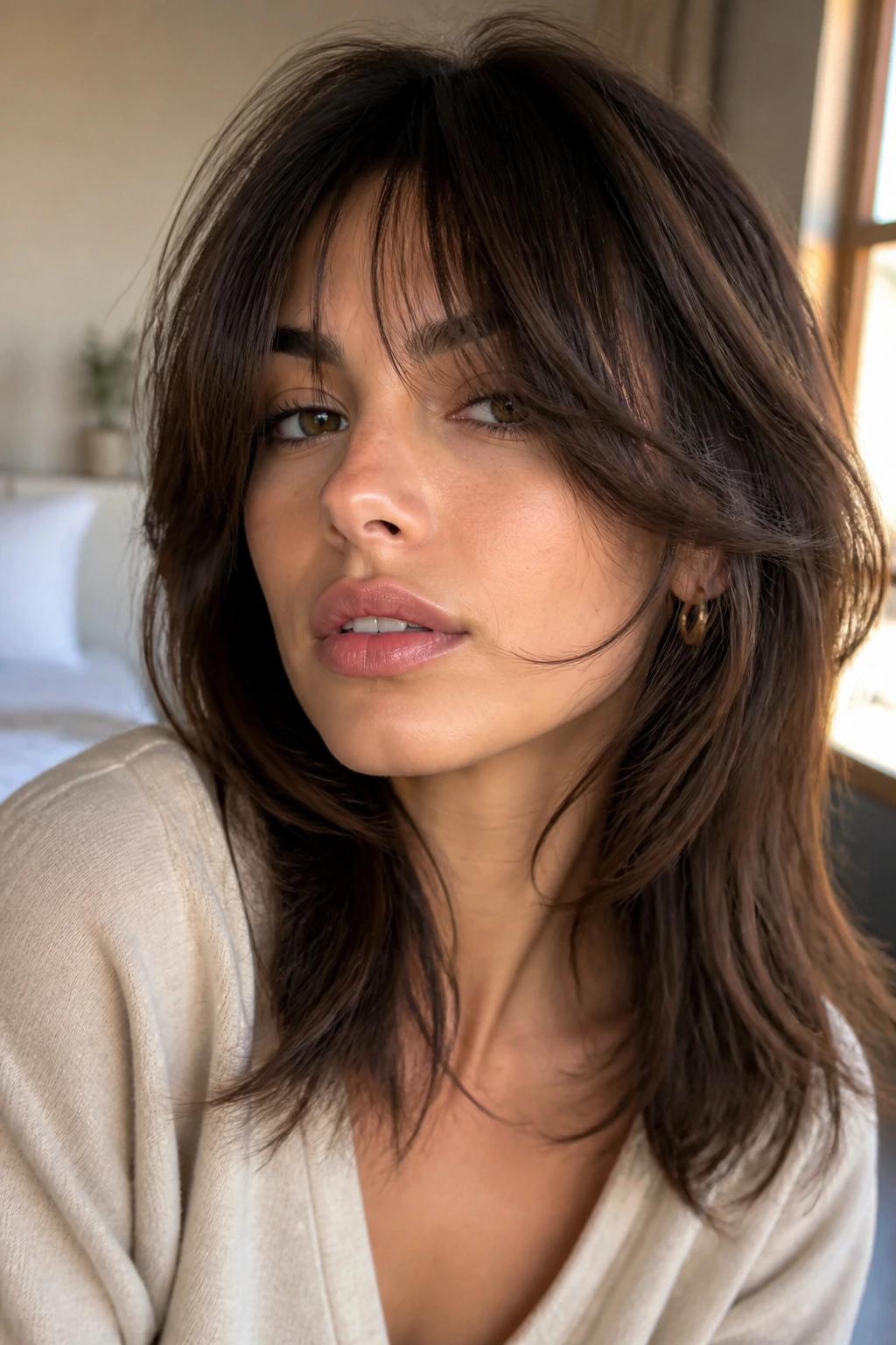 Close-up of a real woman with face-framing fringe layers in warm window light