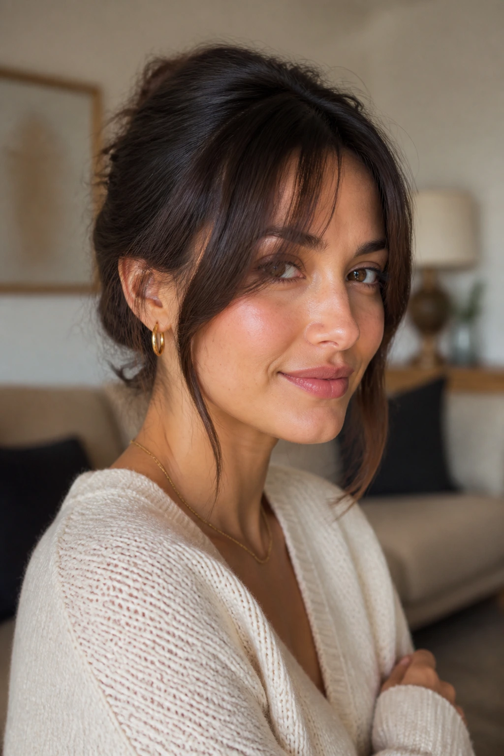 Close-up of face-framing fringe resting on the cheeks of a real woman