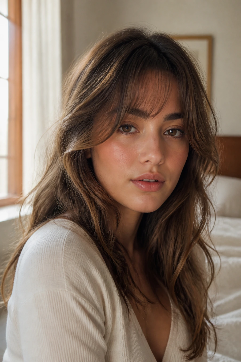 Close-up portrait of a real woman with a face-framing fringe for wavy hair under natural window light