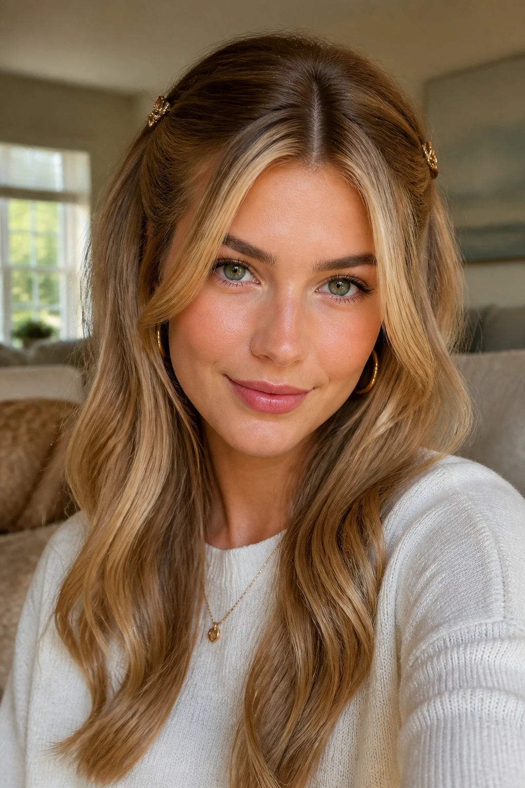 Close-up of a real woman with a face-framing half-up with barrettes