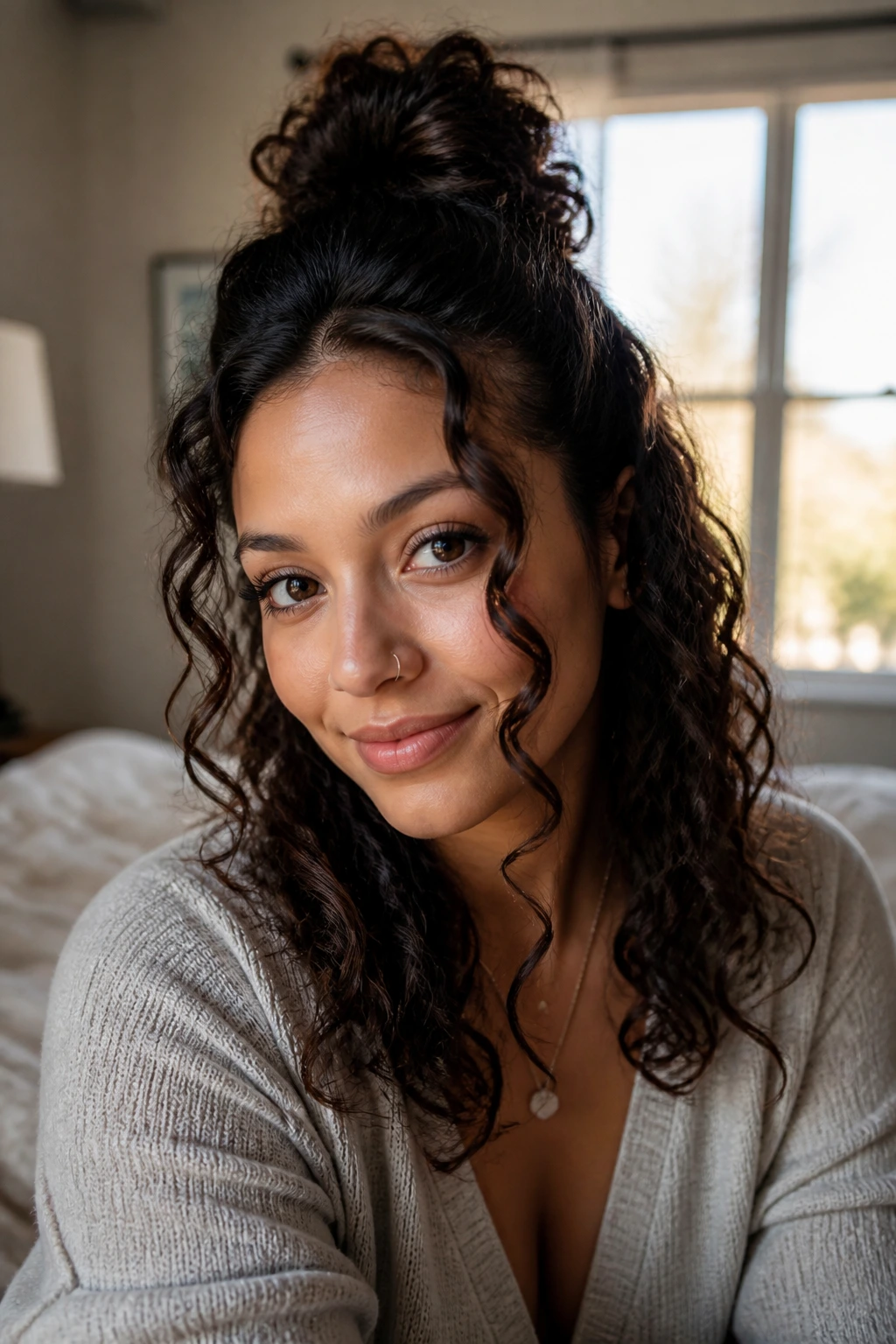 Close-up of a real woman wearing a face-framing half-up hairstyle with crown lift