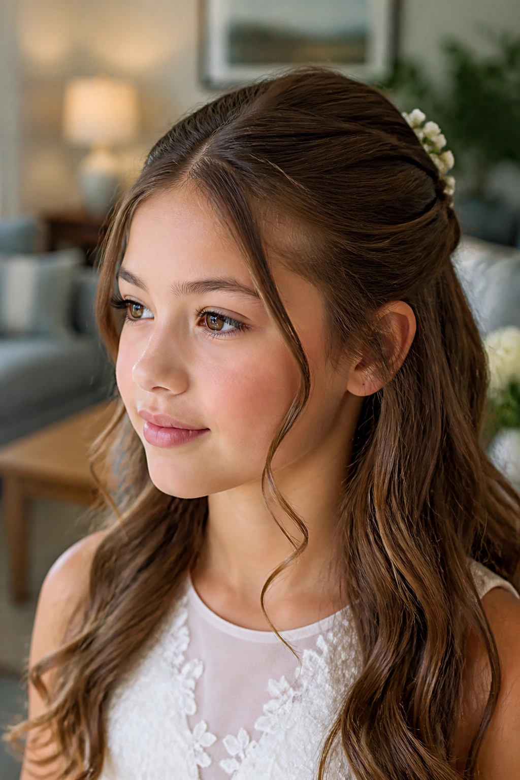 Close-up of girl with face-framing half-up and loose tendrils softening her cheeks