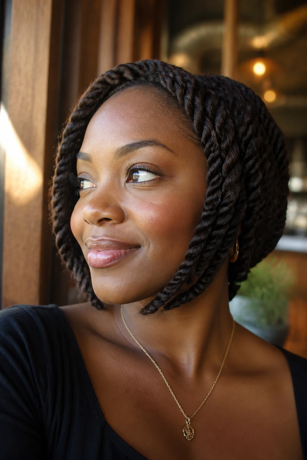 Portrait of a woman wearing face-framing halo Havana twists