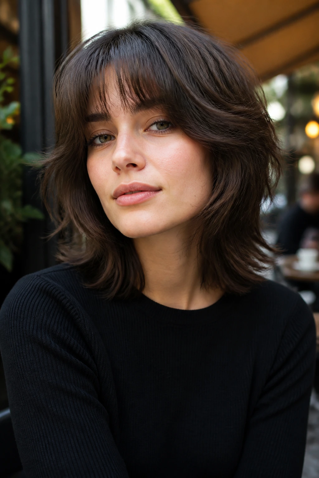Close-up portrait of a real person with face-framing halo wolf haircut in a cafe