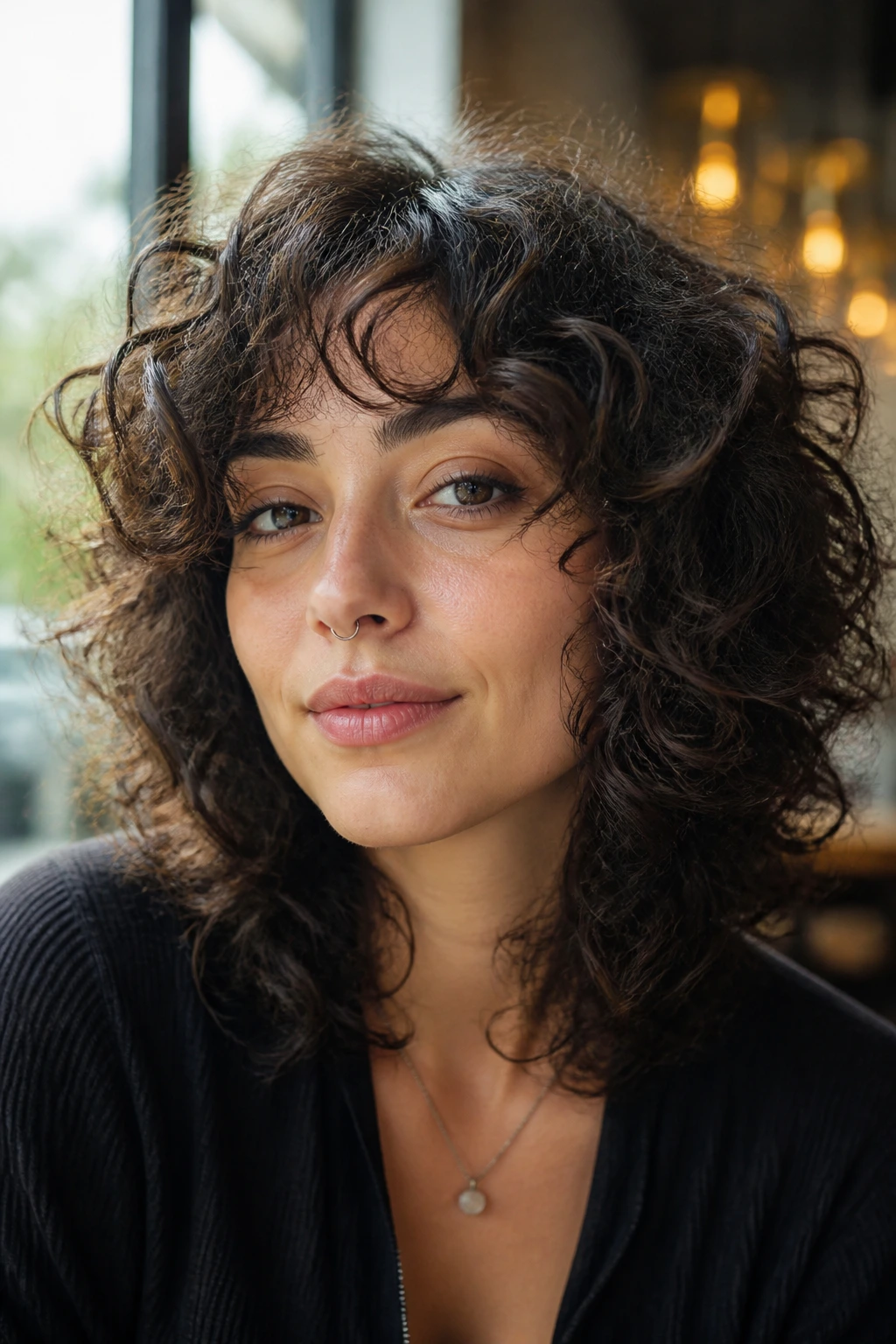 Close-up of a real person with face-framing halo wolf hairstyle