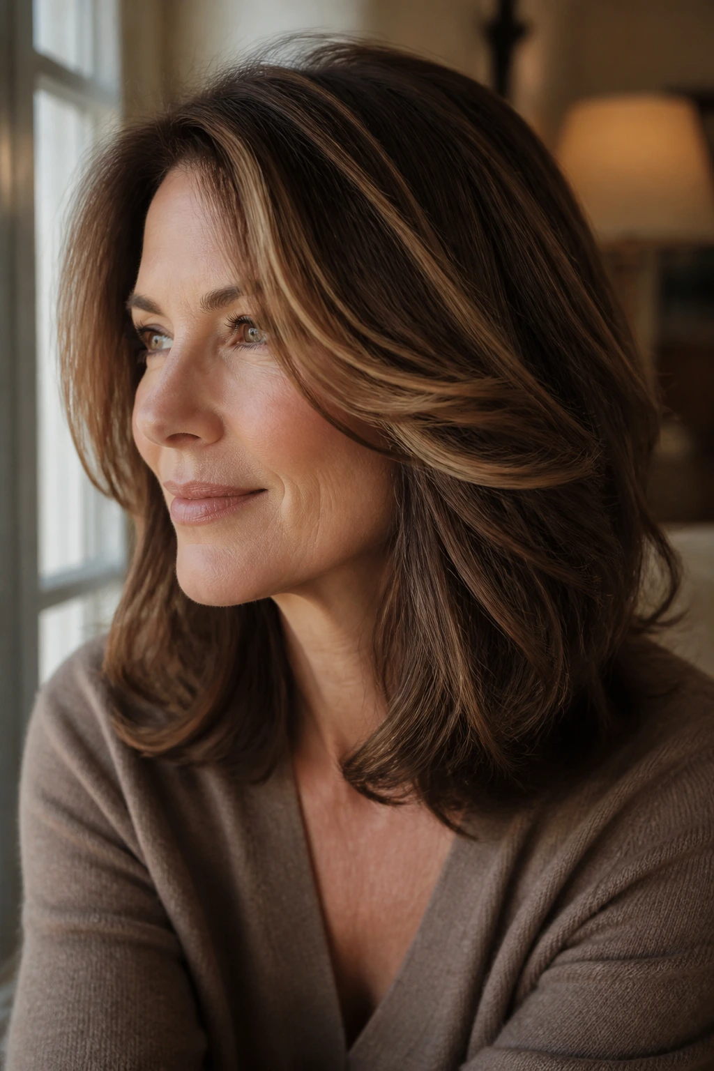 Close-up of a real woman with multi-dimensional chestnut brown hair and face-framing highlights