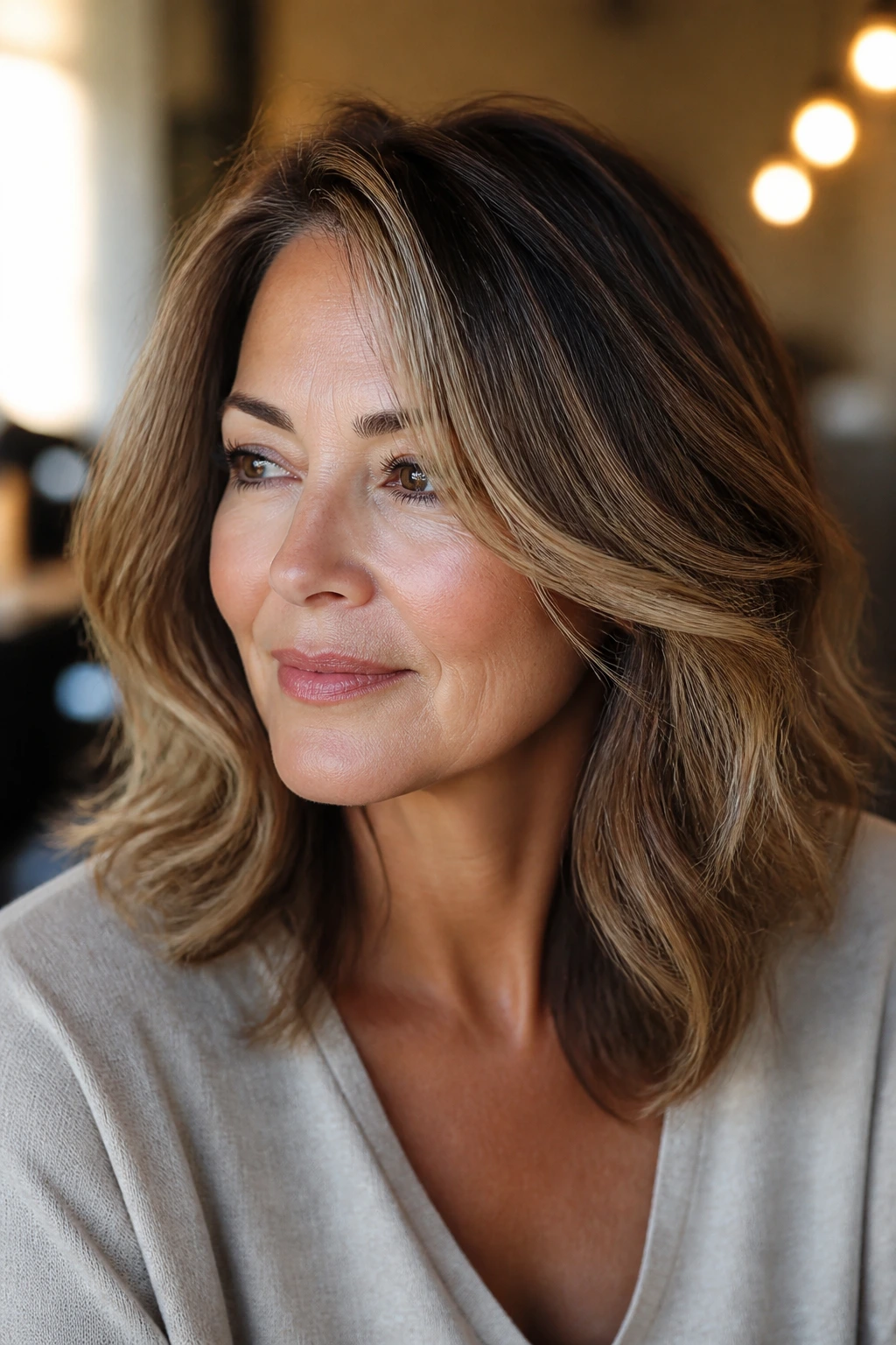 Medium close-up of a real woman's face and hair showing face-framing highlights with luxe color