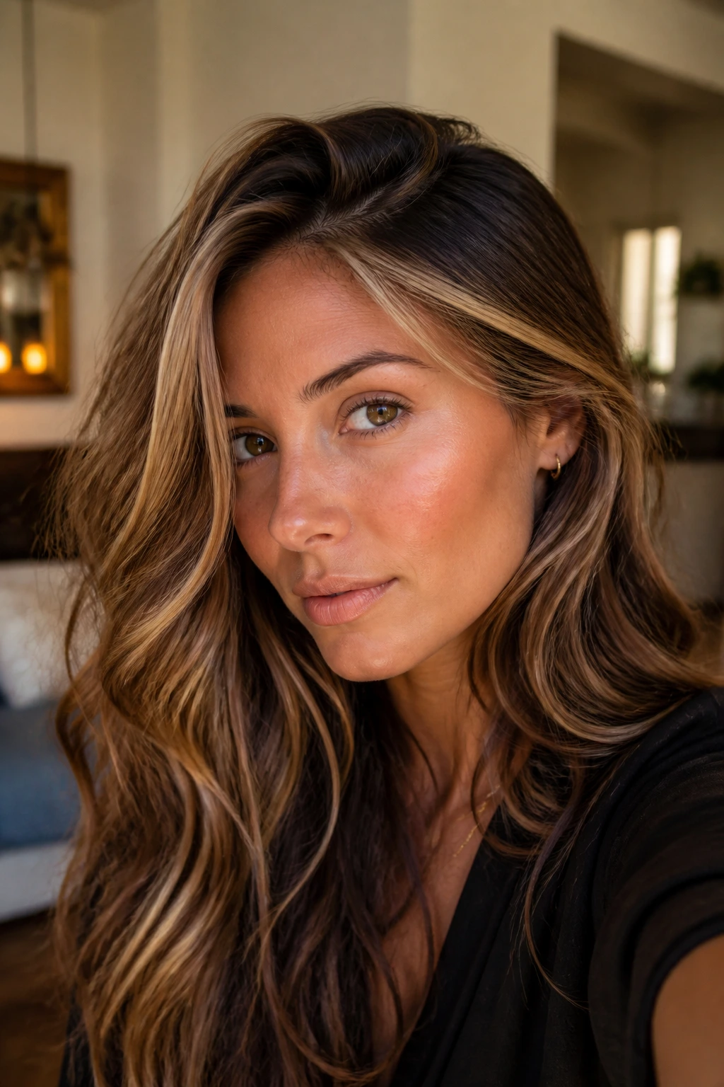 Close-up showing bright face-framing highlights around eyes and cheeks
