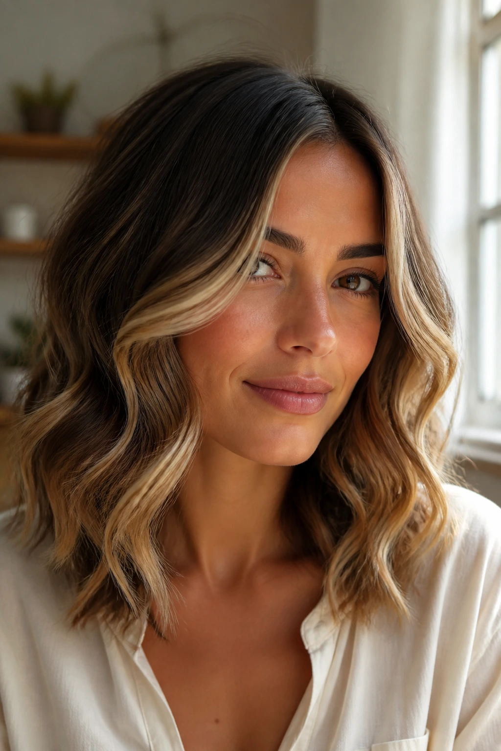 Close-up of a real woman with face-framing highlight waves