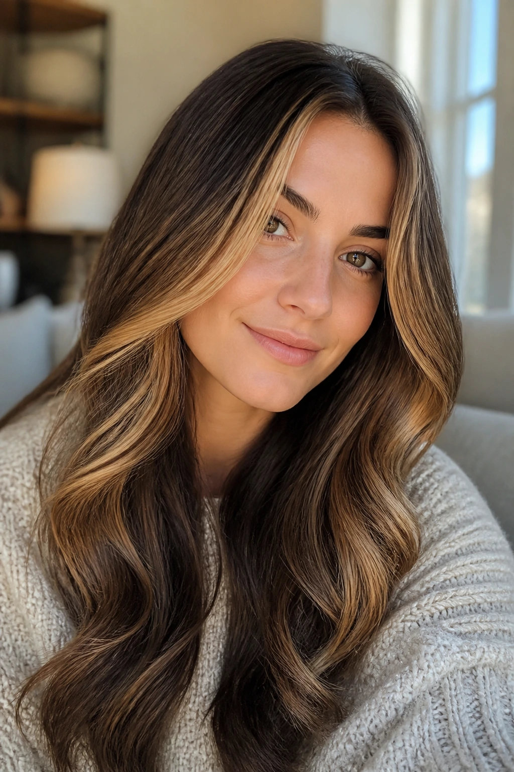 Close-up of honeyed face-frame ombre with deep ends on long hair