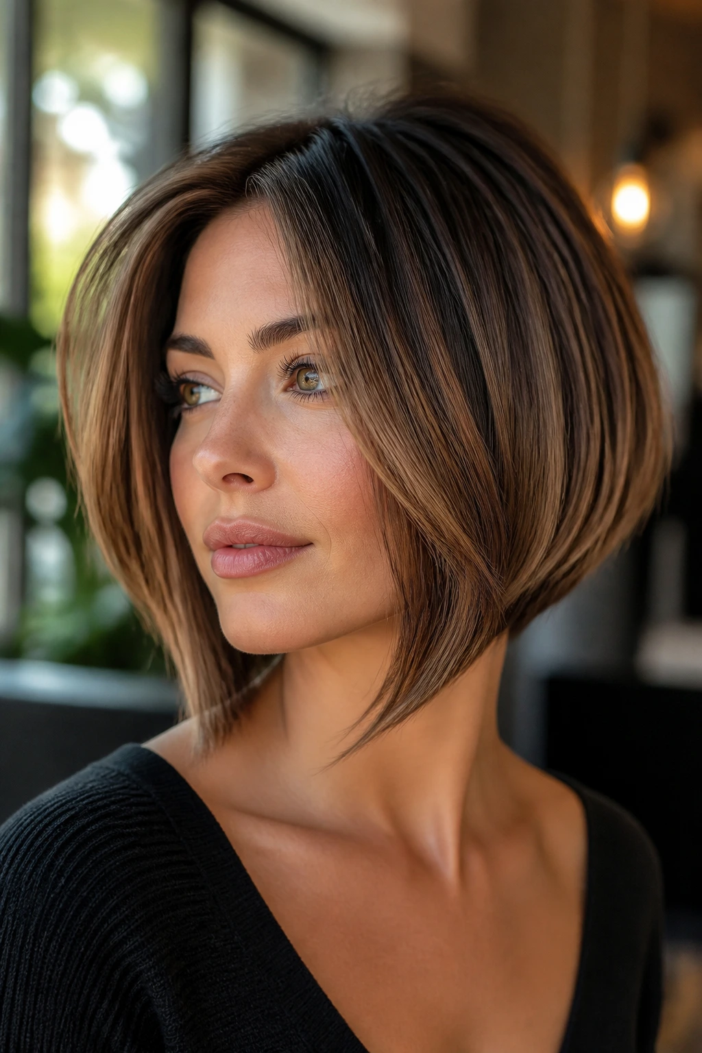 Close-up of a real woman with face-framing layered inverted bob highlighting cheekbones