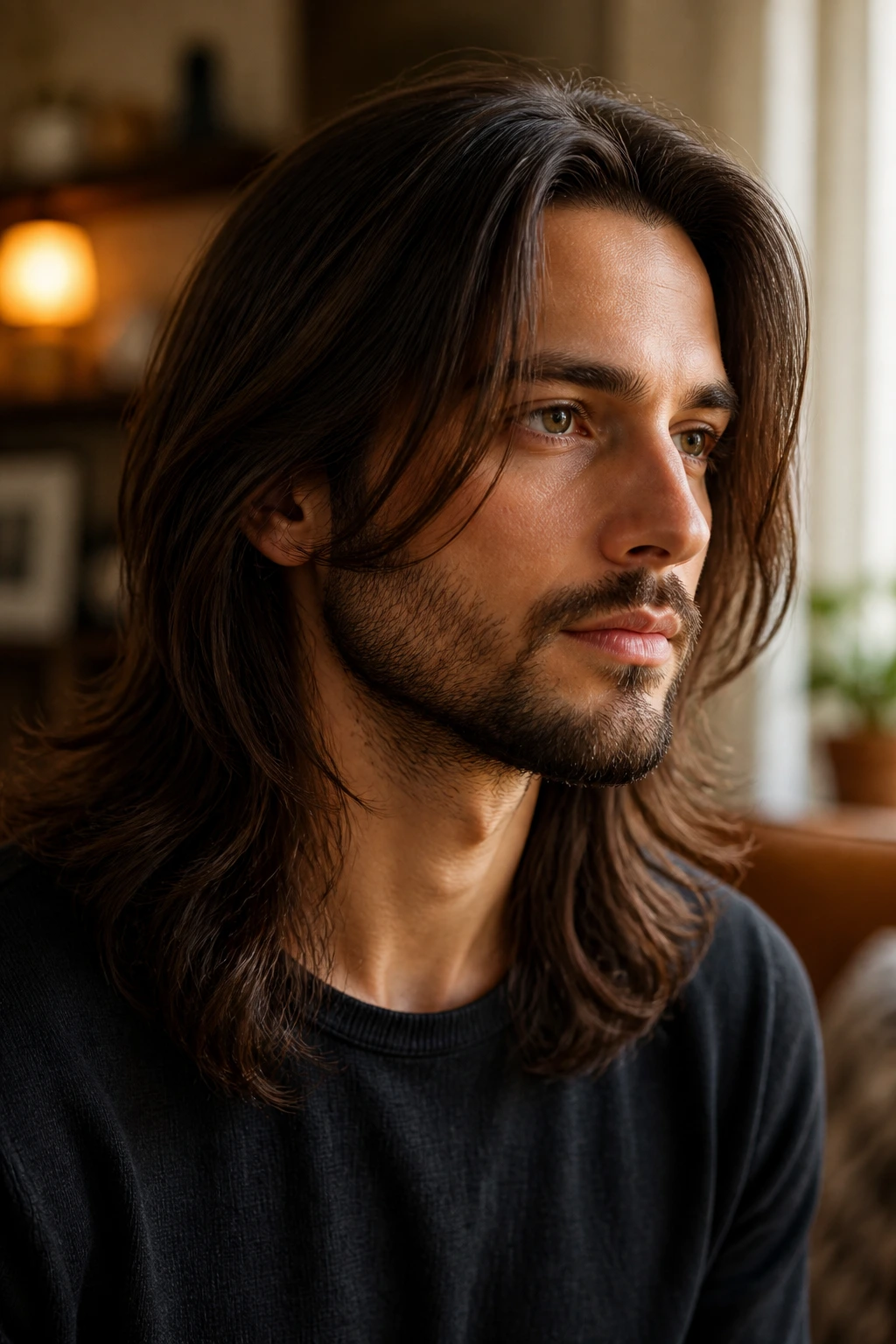 Close-up portrait of a man with jaw-length face-framing hair layers