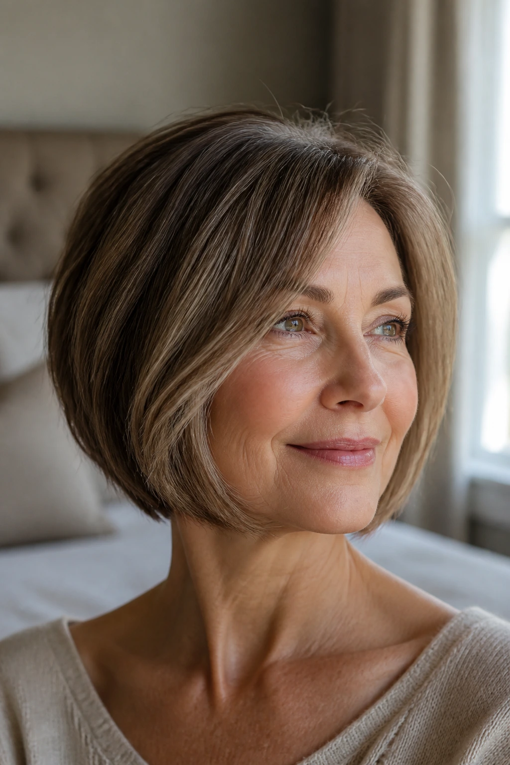 Close up portrait of a real woman wearing a face framing jawline opening bob