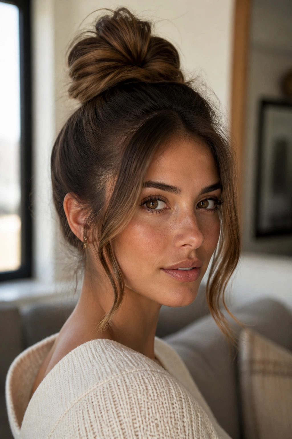 Close-up of a real woman with face-framing knots at the sides.