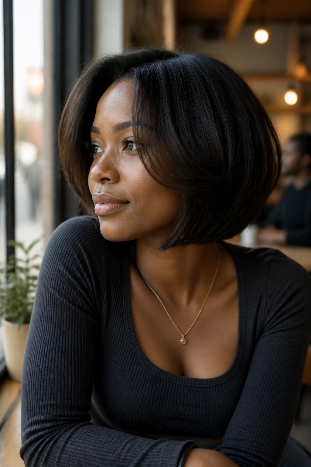 Portrait of a real woman with face-framing layered bob at a cafe window