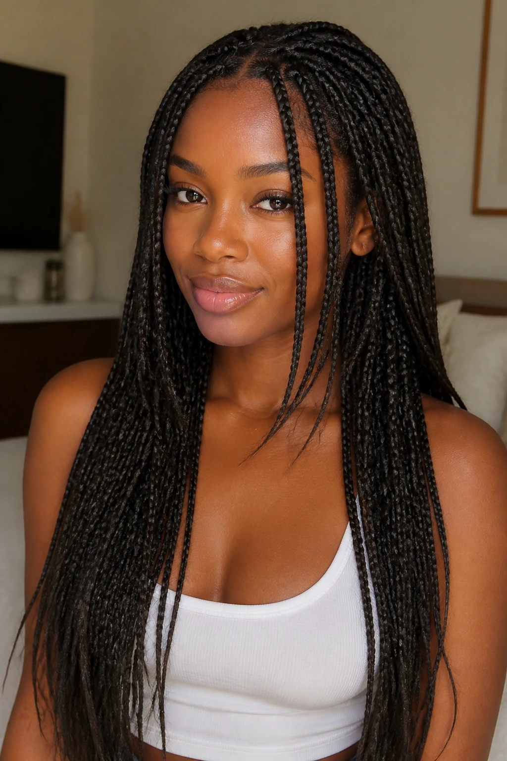 Close-up of face-framing layered braids on a real person
