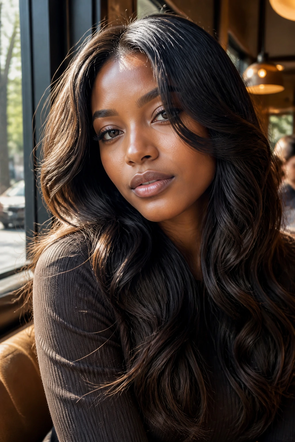 Close-up of a real woman with face-framing layered waves around the front.