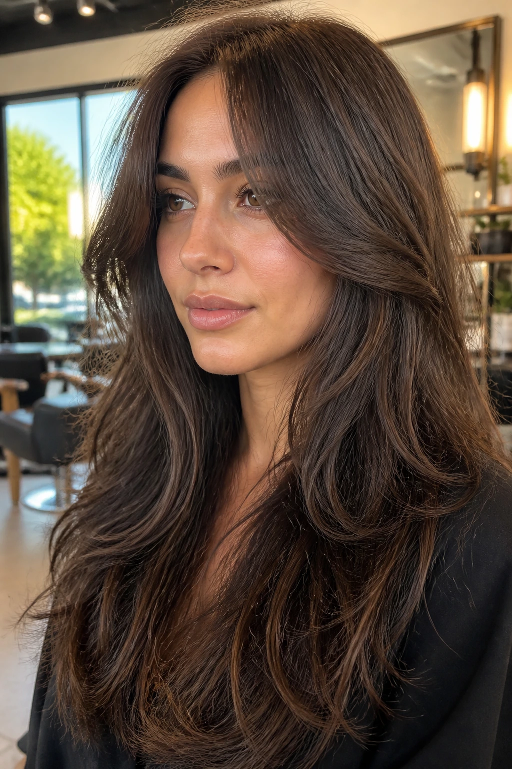 Close-up portrait of a real person with high-start face-framing layers in bright salon light