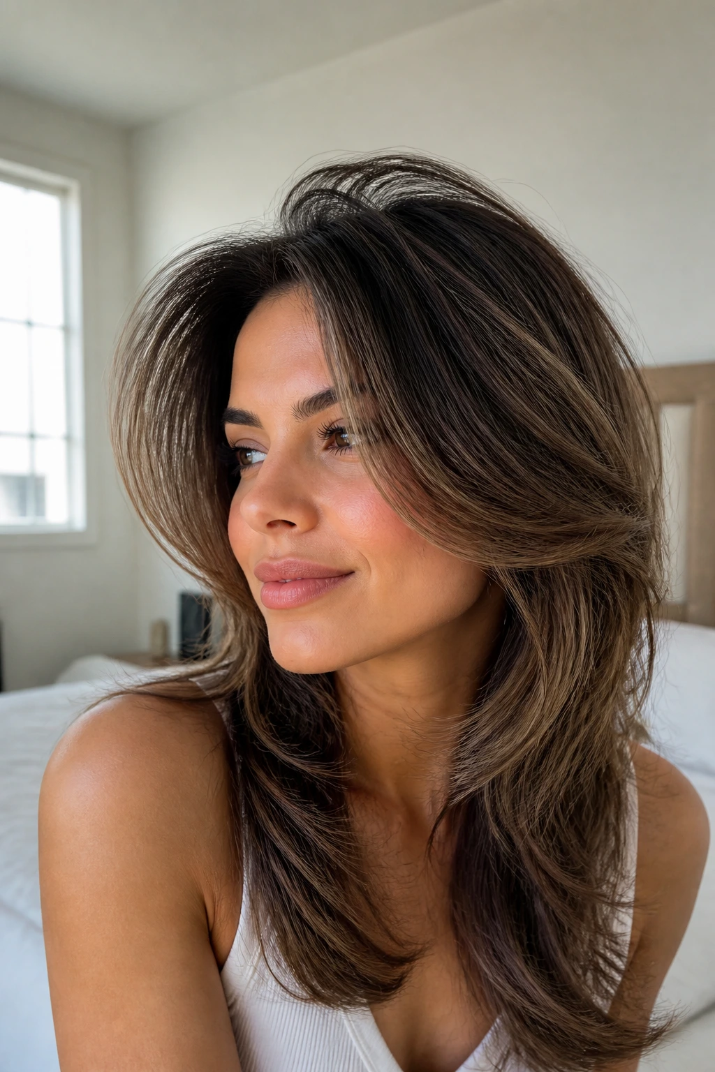 Portrait showing face-framing layers with an airy blowout on a real person