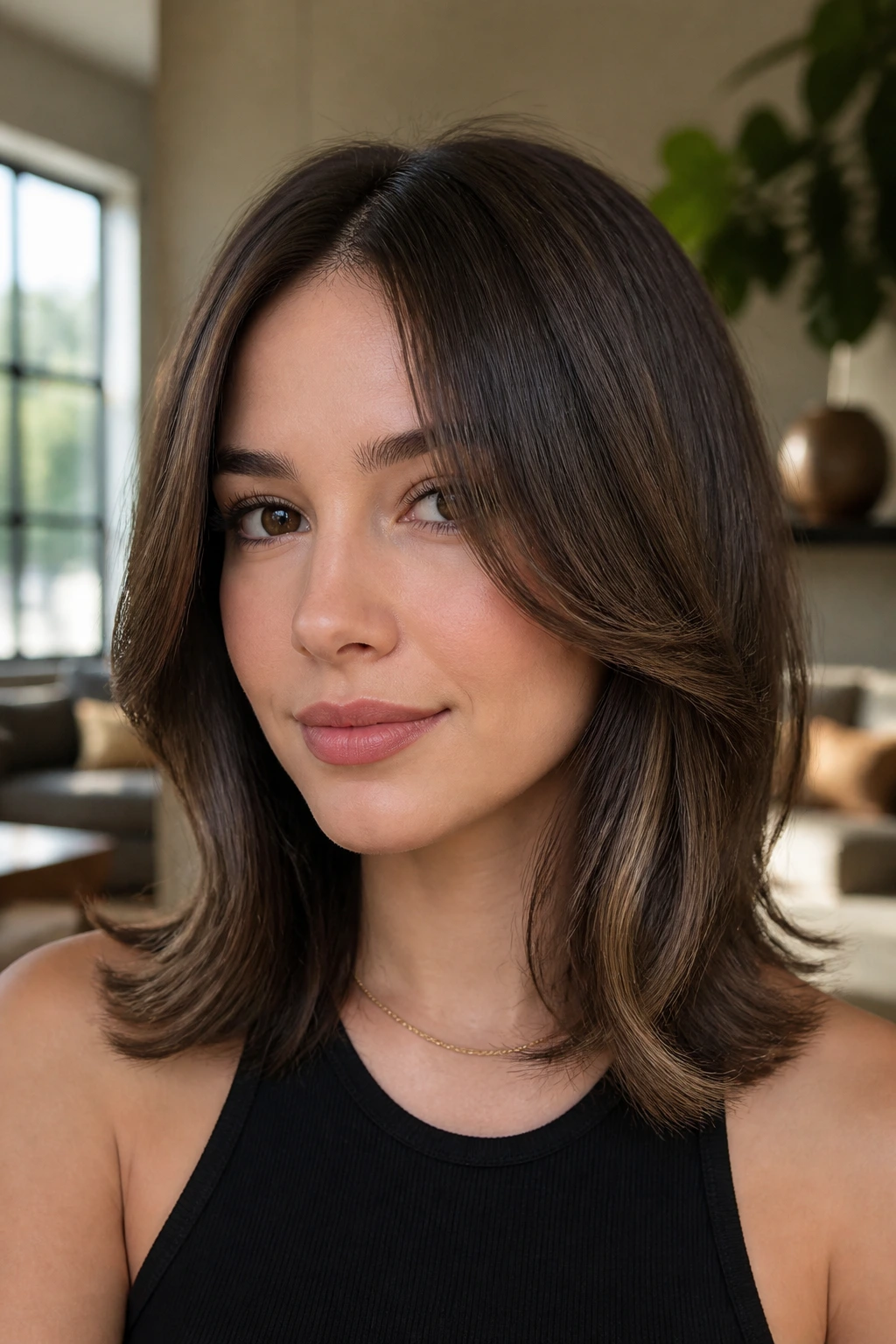 Face-framing layered hairstyle with a soft bend around the cheekbones