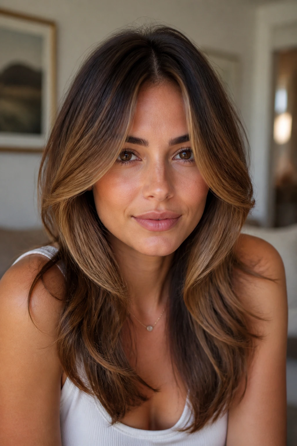 Portrait of a woman with center-parted face-framing layers near the cheeks.