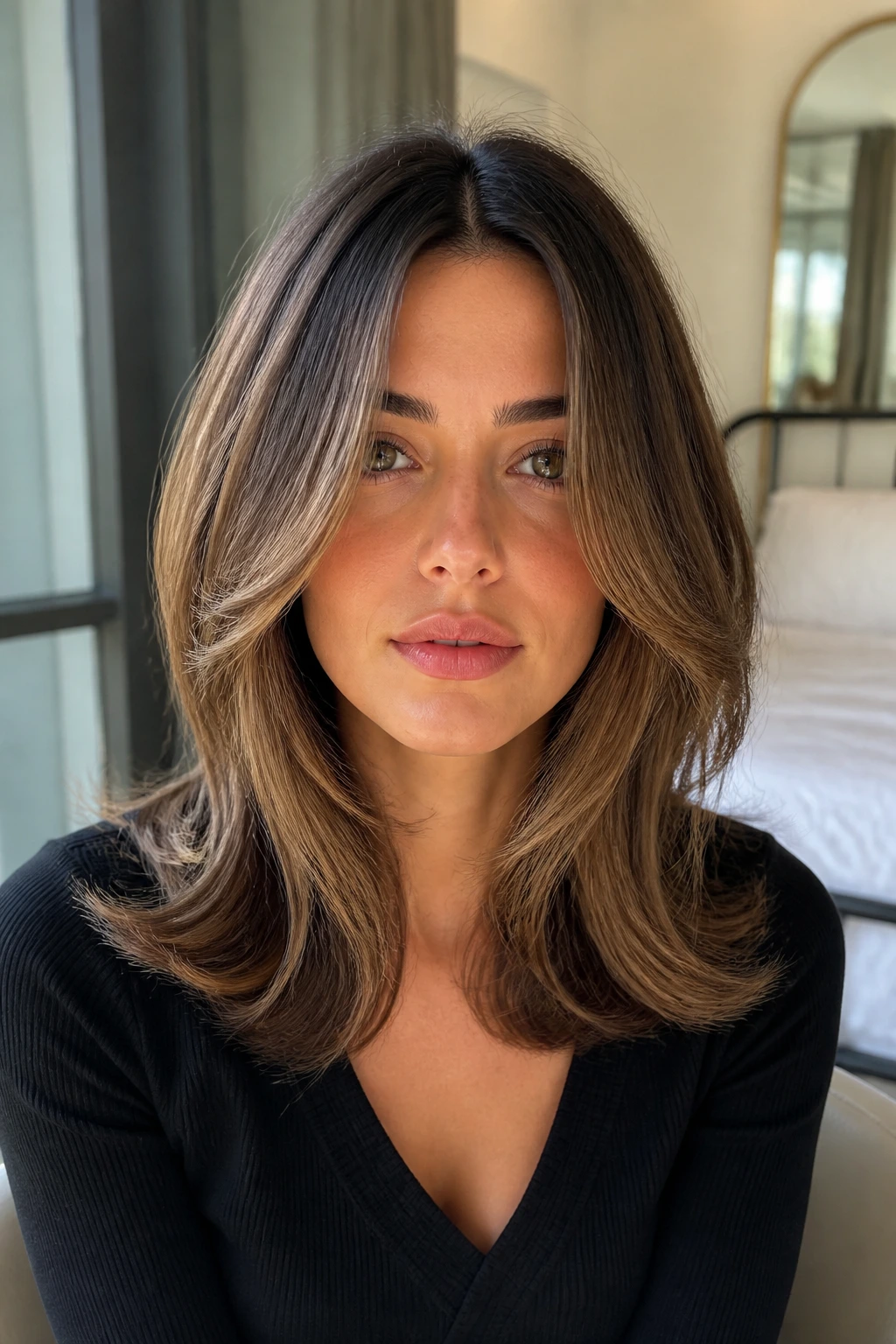 Close-up of a real person with face-framing layers and center part