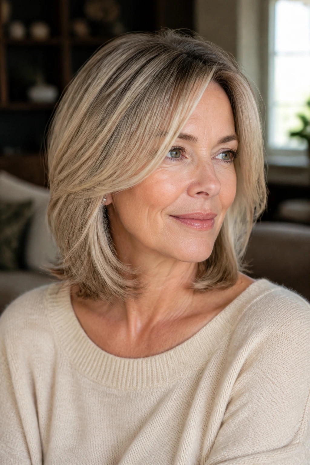 Close-up of a real woman with cheekbone-starting soft face-framing layers.