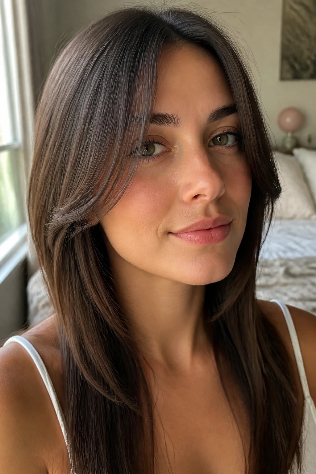 Close-up portrait of a real woman with cheekbone-length face-framing layers in straight hair, natural window light