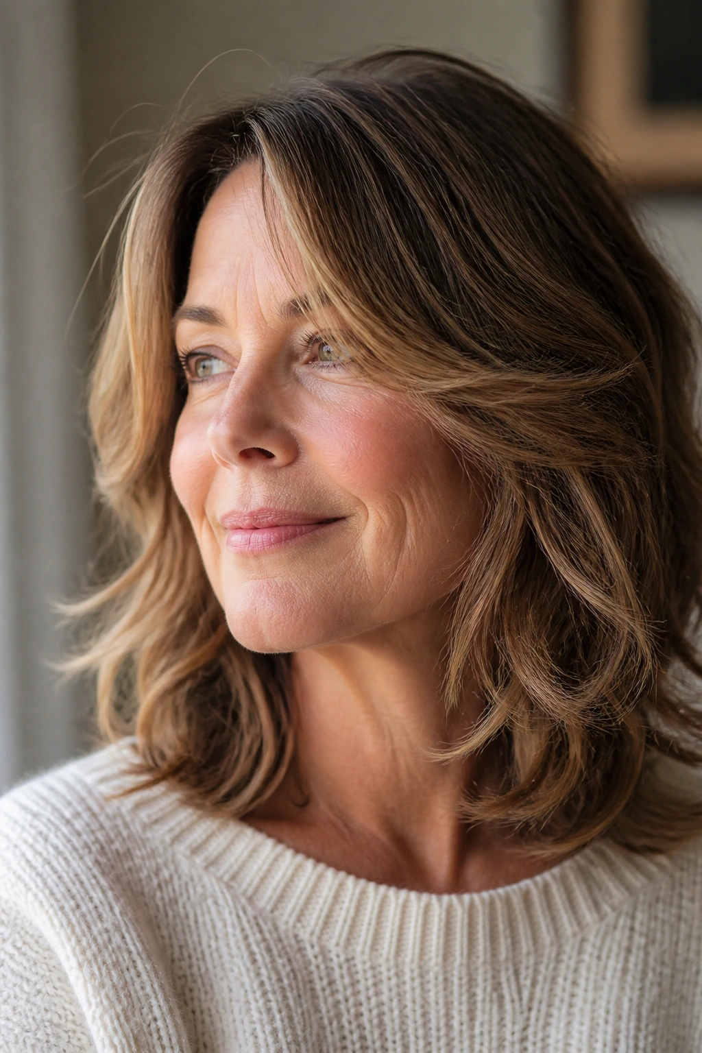 Close-up of a real woman with cheek-length face-framing layers in soft waves