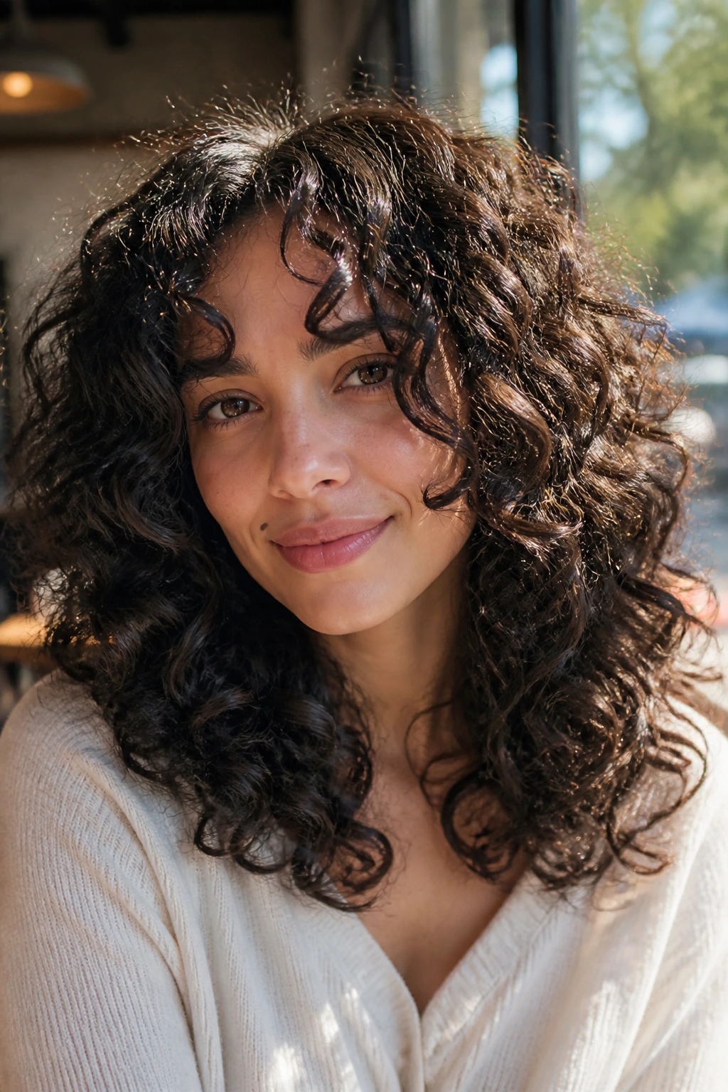 Real woman with face-framing layered curls at the face
