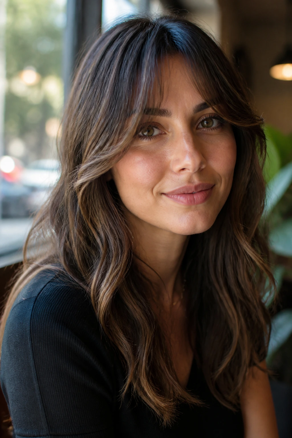 Portrait of woman with face-framing layers and curtain bangs in cafe light