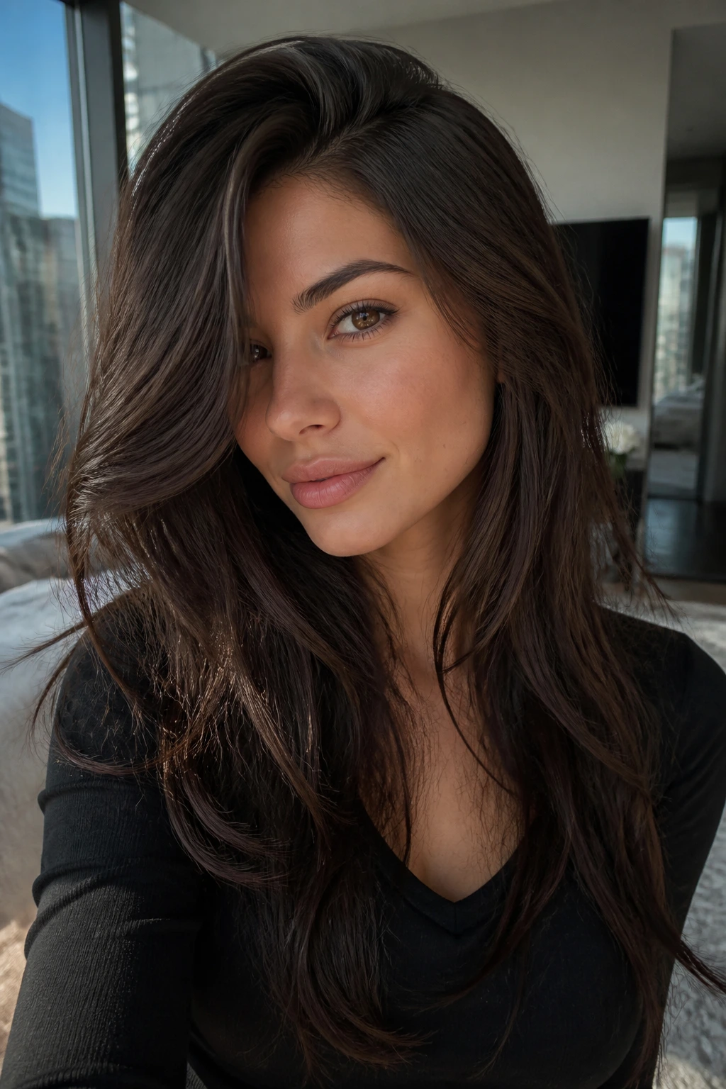 Close-up portrait of a woman with deep side part and face-framing layers
