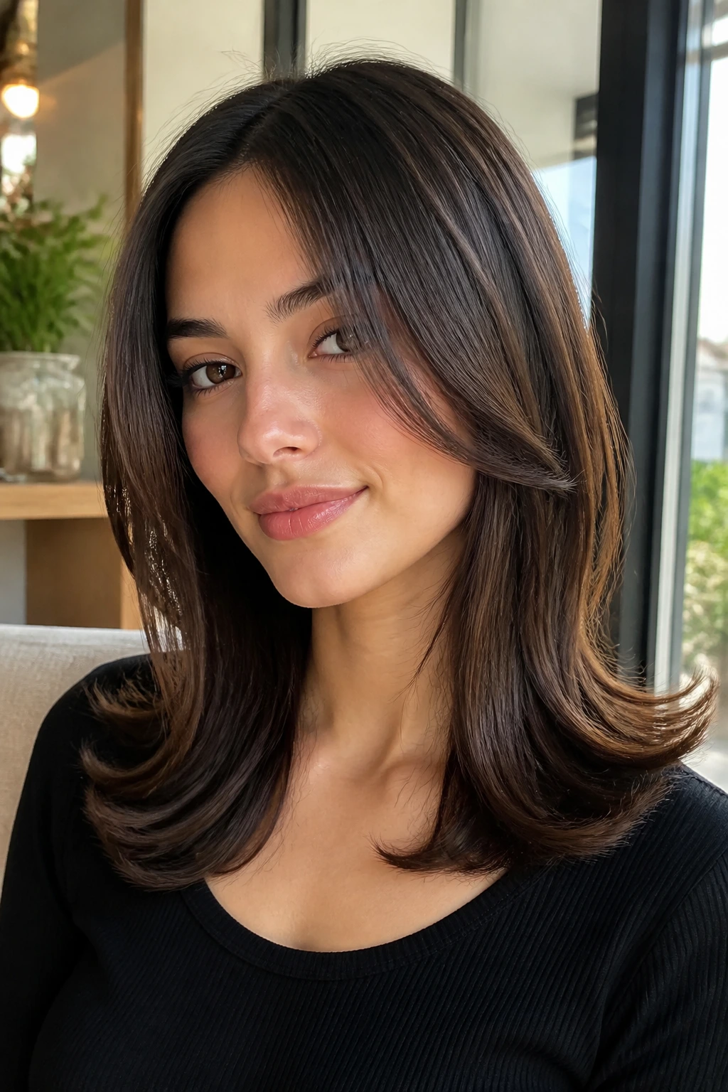Portrait of a real woman with face-framing layers flipped at the ends