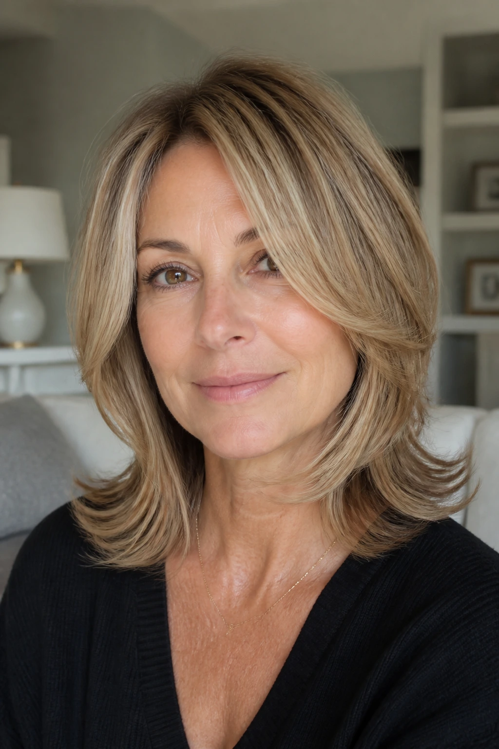Close-up of a woman with face-framing layers and flipped ends