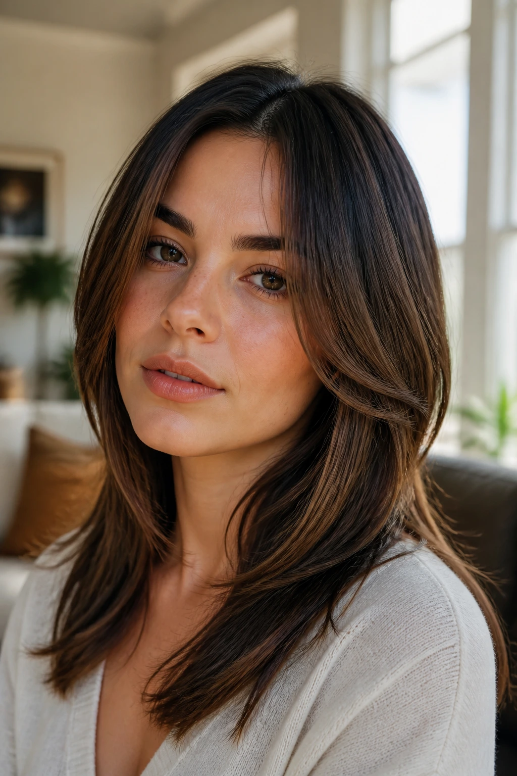 Portrait of a real person with face-framing front pieces forming the layers.