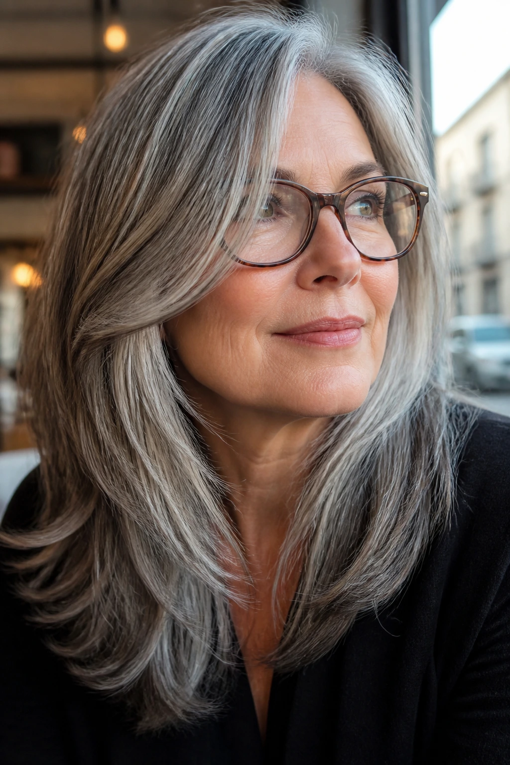 Close-up of a real woman with face-framing layers in gray hair and glasses.