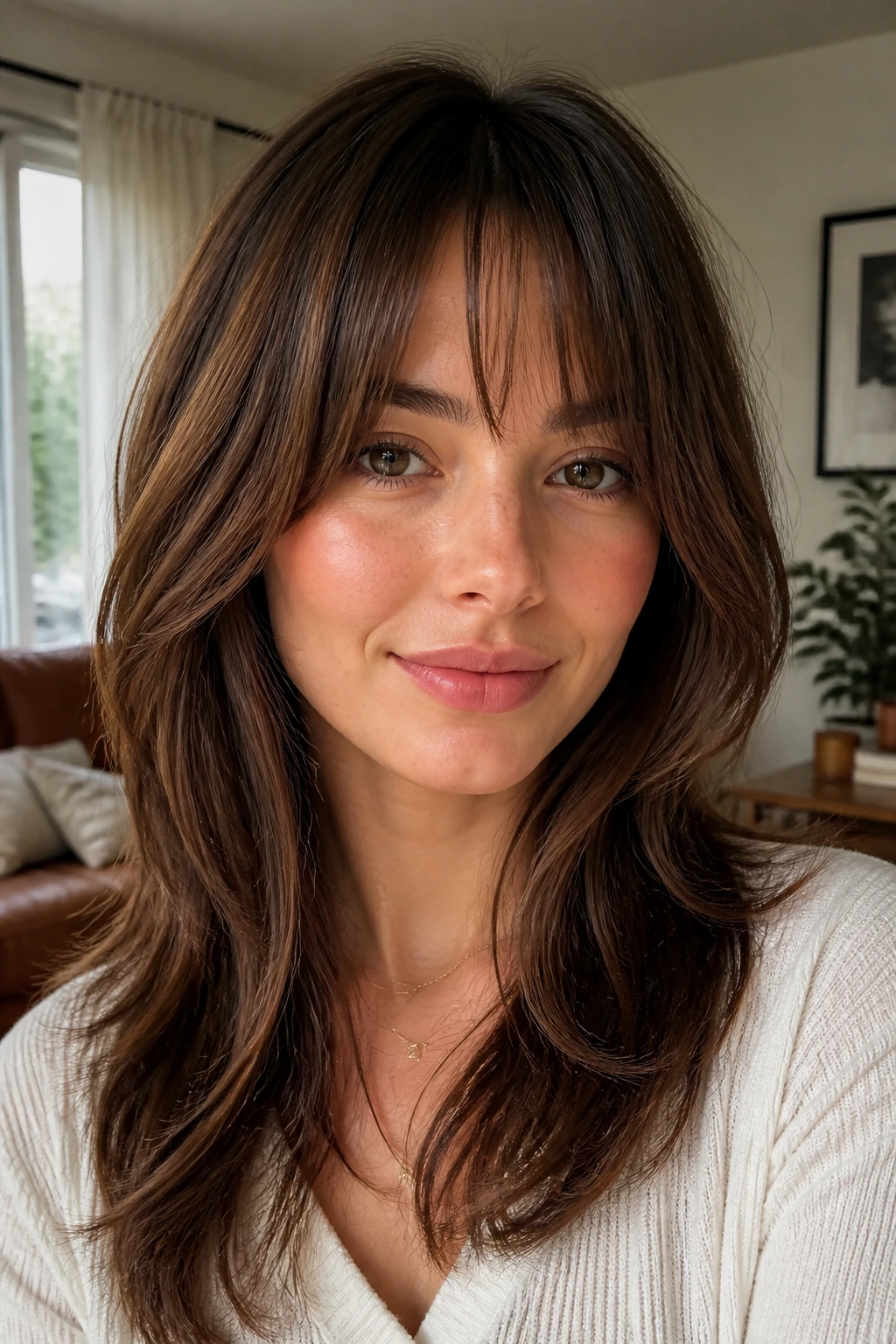 Real person with face-framing layers and grow-out bangs