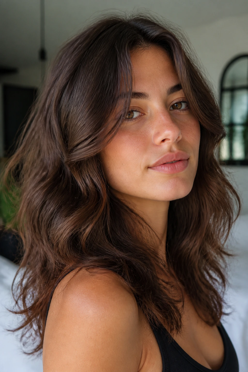 Real person with cheekbone-starting face-framing layers in natural light