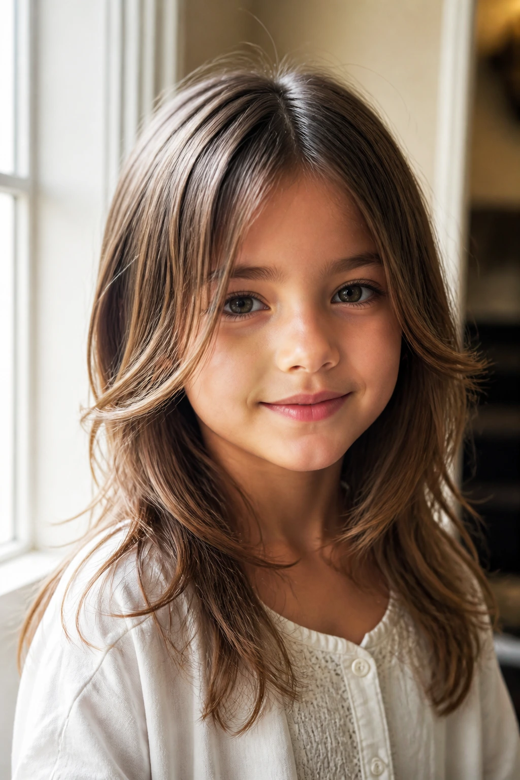 Girl with face-framing layers framing her cheeks in soft light