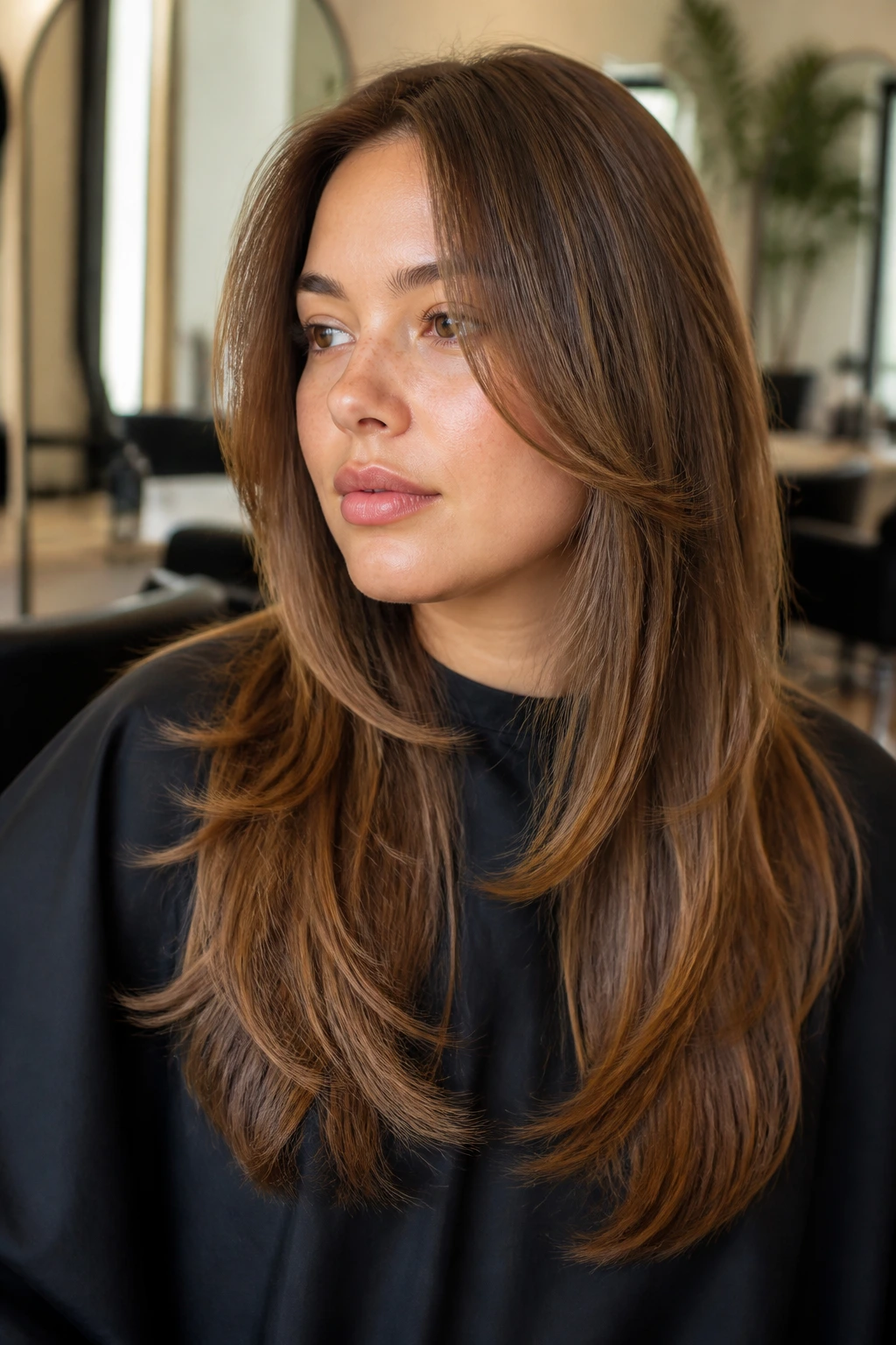 Portrait of a real woman with long face-framing layers starting at mouth or chin