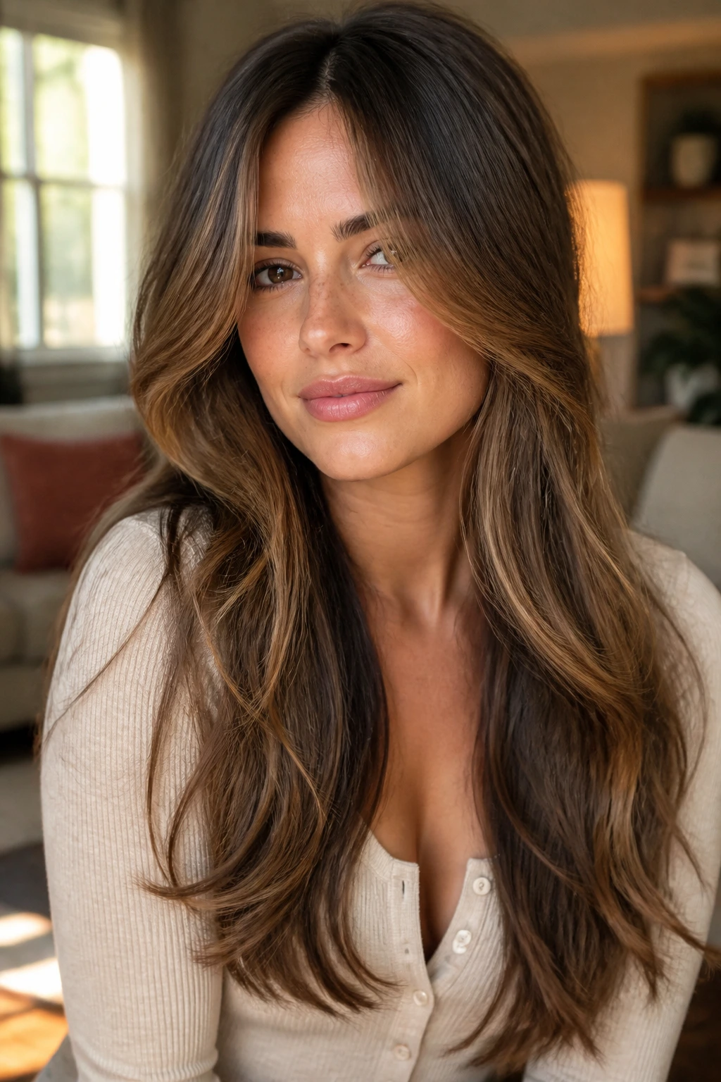 Close-up portrait showing face-framing layers on long hair in a warm home setting