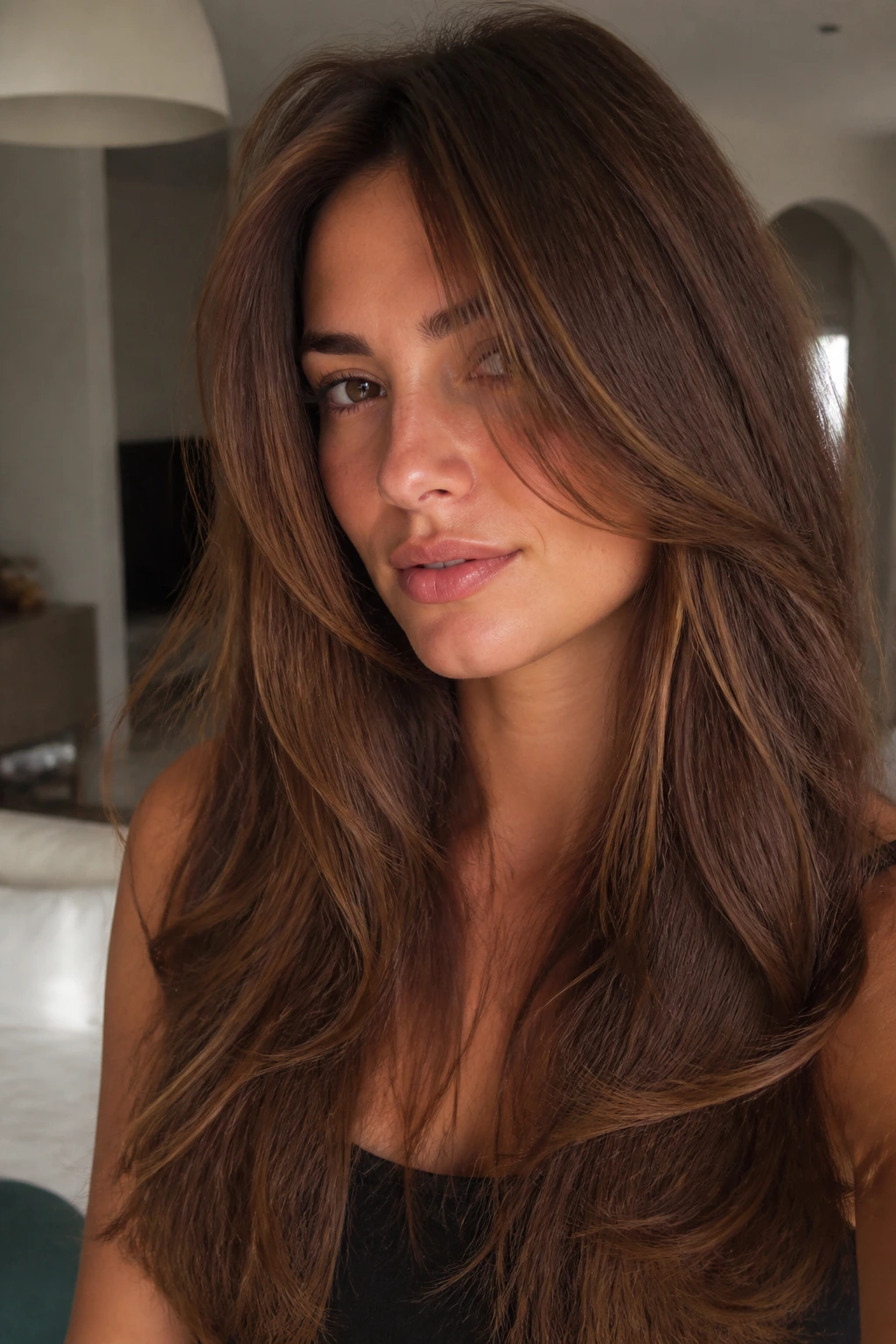 Portrait of a woman with long cheekbone-starting face-framing layers on thick hair